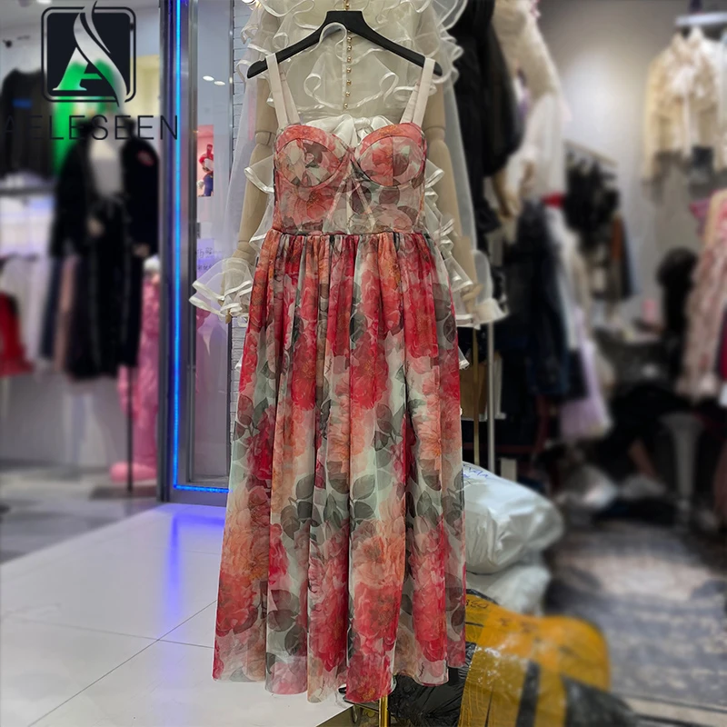 

AELESEEN Runway Fashion Summer Dress 2022 Spaghetti Strap Red Flower Print Elegant Long Beach Party Dress