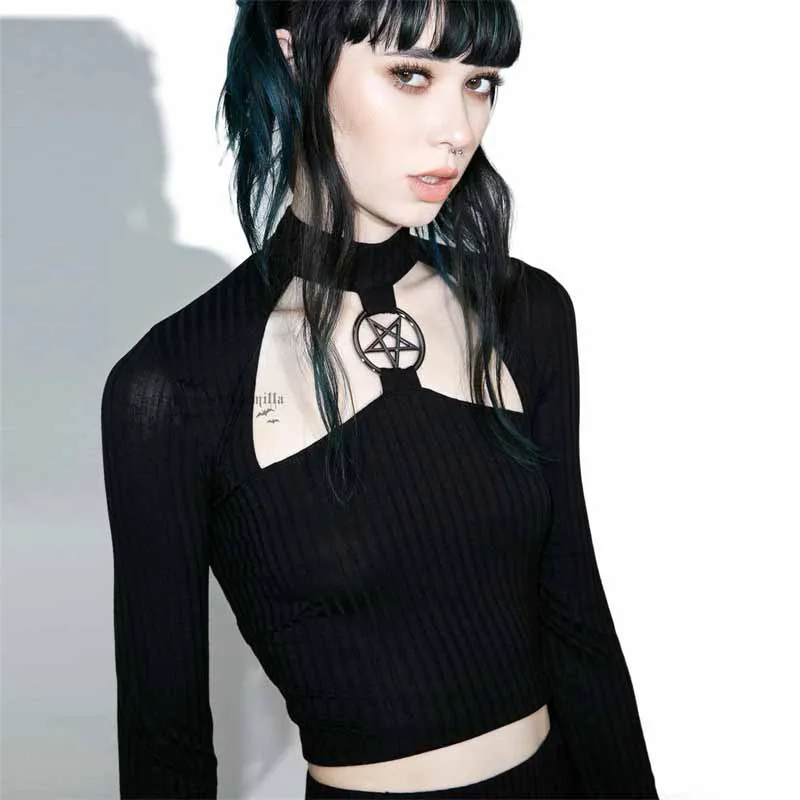 Готический панк короткий топ тонкая черная полая пентаграмма топы для женщин