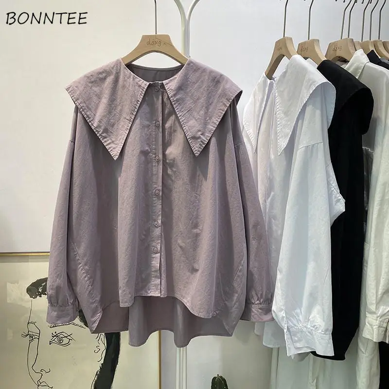 

Women Blouses Autumn Female Shirts Outwear Peter Pan Collar Lantern Sleeve Solid Elegant Sweet Korean Style Chic Ins Casual Cozy