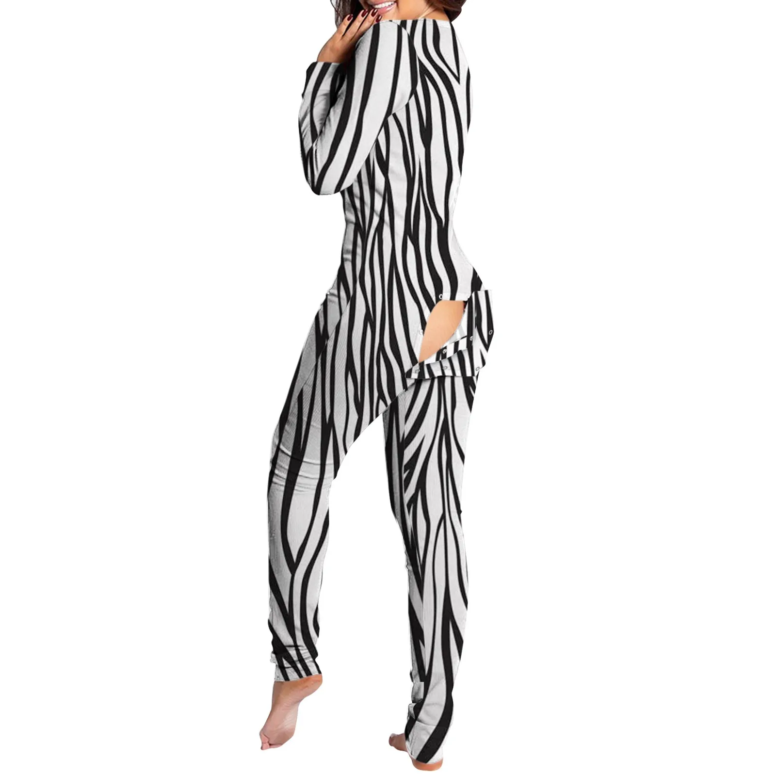 

Zebra Printing Jumpsuit Long-sleeved Trousers V-neck Design Prints Back Front Functional Buttoned Flap Jumpsuit Adults Pajamas