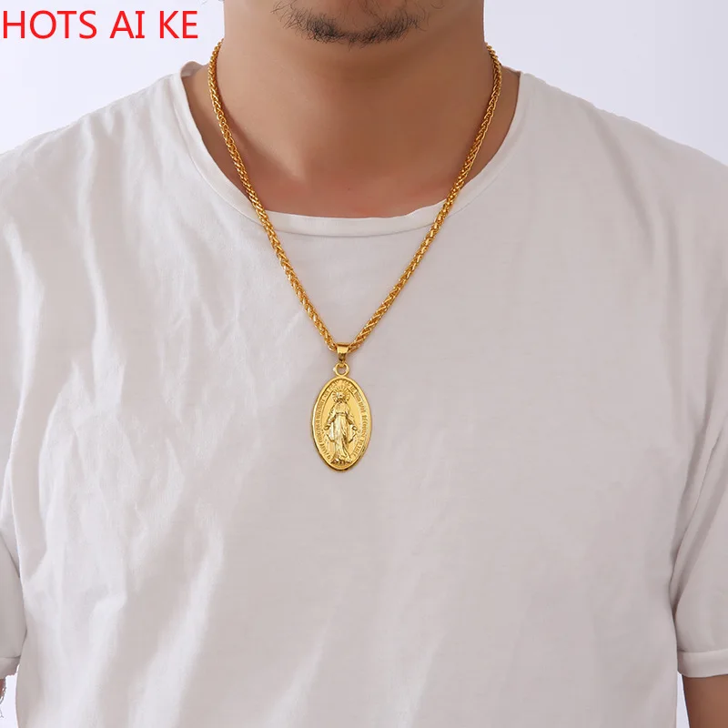 

Hot Sale Men Women Yellow Gold Color Pendant Catholic Religious Virgin Mary Pendant Necklace Jewelry