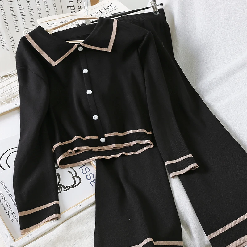 

2019 new fashion women's retro knit cardigan + elastic loose casual pants two sets of female