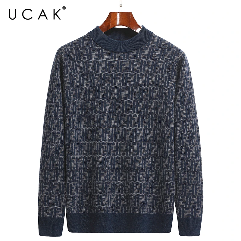 

UCAK Brand Classic Pure Merino Wool Men Sweaters O-Neck Striped Streetwear Sweater Pull Homme Autumn Winter Thick Pullover U1306