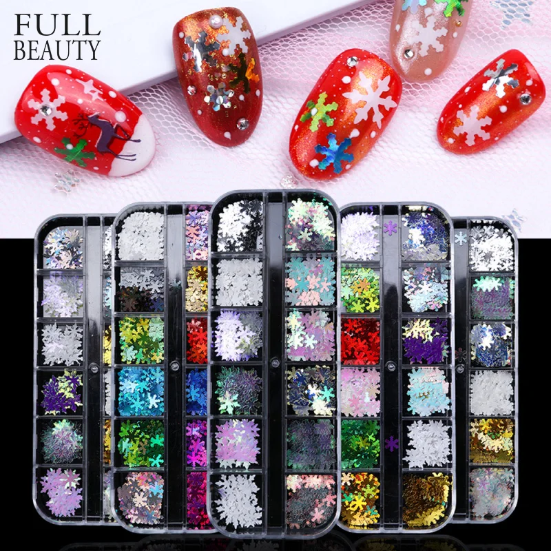 Полная красота 12 Маникюр для ногтей сетка блестящая снежинка Рождество DIY хлопья