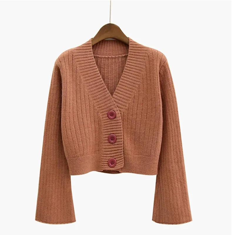 

Женский вязаный Укороченный кардиган, однотонный однобортный Свободный кардиган с V-образным вырезом, верхняя одежда на осень и зиму