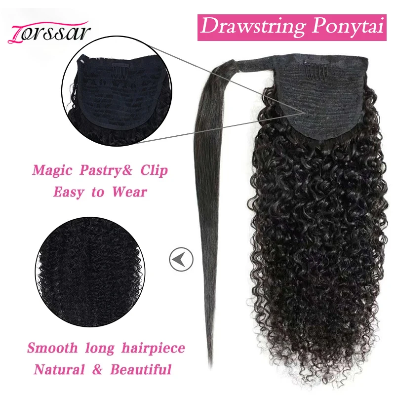 Zorssar 26 Inch Human Hair Wrap Around Ponytail Extensions Long Natural Color Curly Drawstring | Шиньоны и парики