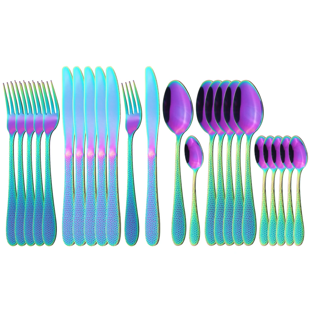 

Rainbow Dinnerware Set Stainless Steel Knives Fork Spoons Cutlery Quality Dining Dinner Camping Western Kitchen Metal Tableware