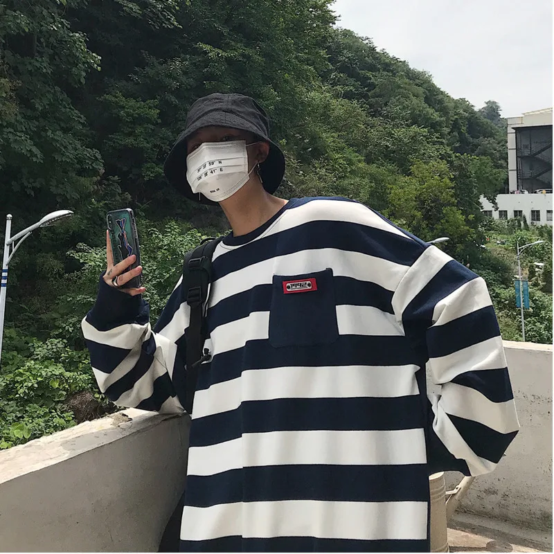 2019 Spring And Autumn New Contrast Color Striped Stitching Loose Sweatshirt Casual Pullover Navy Blue Yellow / Army Green | Мужская