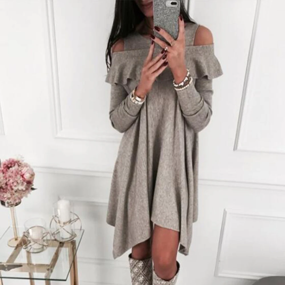 

Solid Color Women Off-Shoulder Midi Dress Round Neck Patchwork Ruffle Loose Ladies Female Dresses Knitted Pleated Vestidos