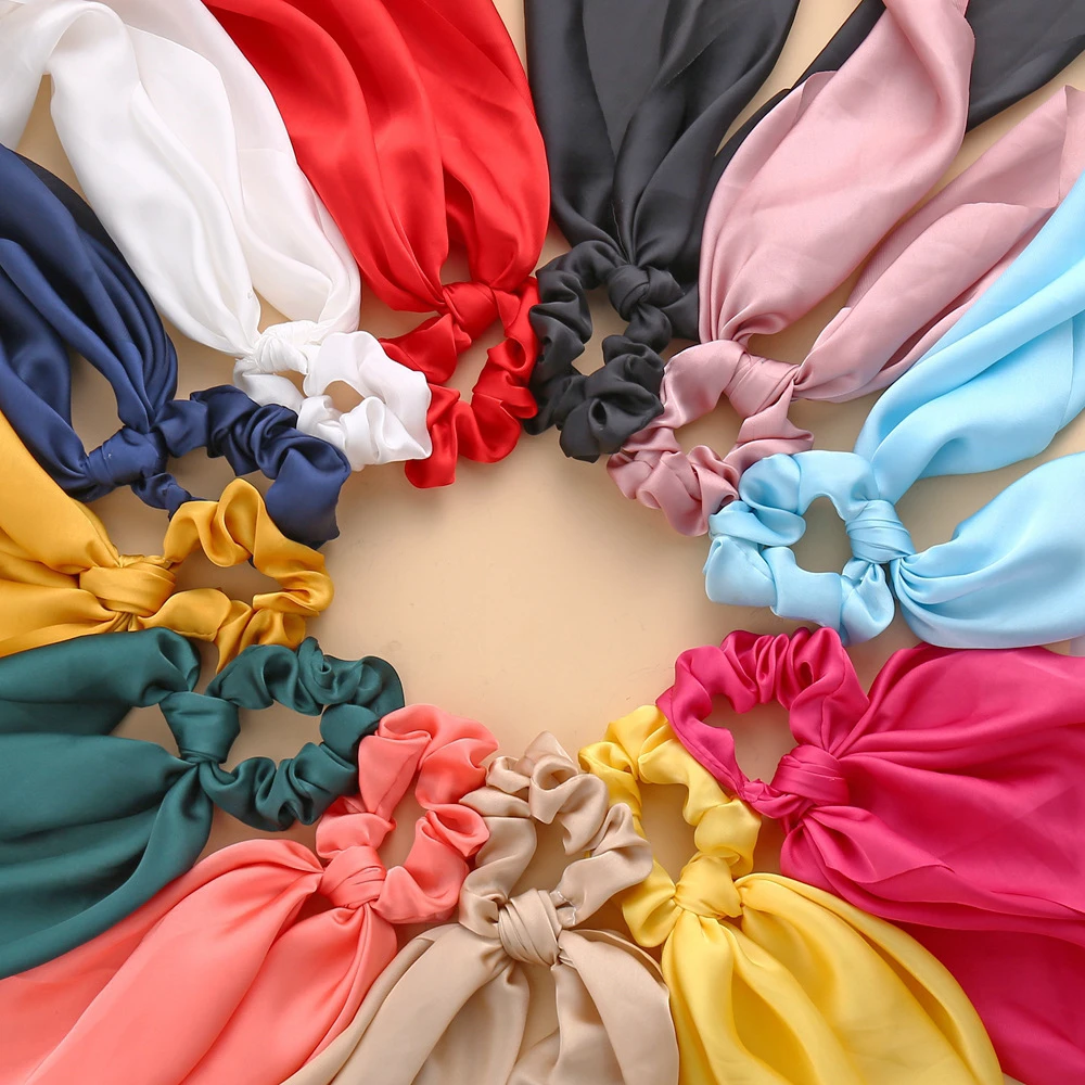 

Ant Angel Fashion Floral Print Scrunchies Solid Long Hair Ribbon For Women Ponytail Scarf Sweet Elastic Hair Band