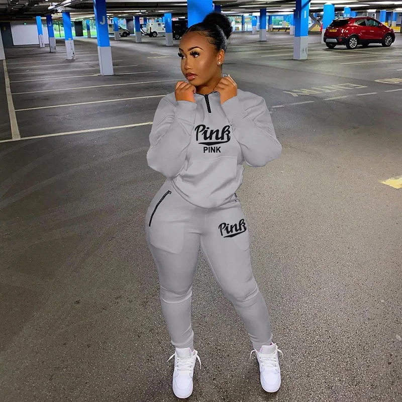 winter tracksuits suits two piece set women pink letter print sport casual outfits zip sweatshirt toppants set women sweat suit free global shipping