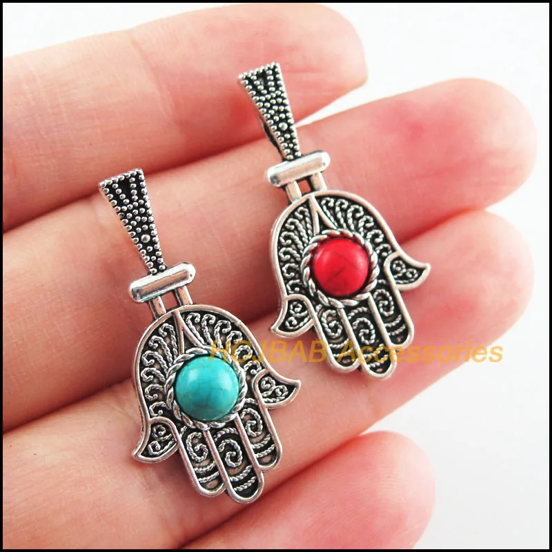 

12Pcs Retro Tibetan Silver Tone Flower Palm Blue&Red Stone Charms Pendants 13.5x33mm