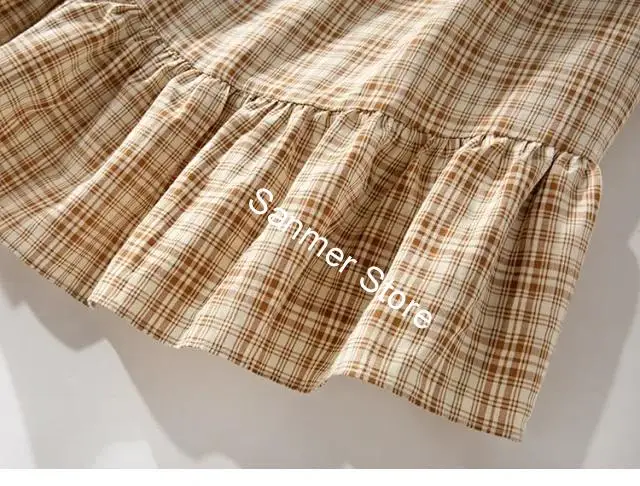 

Women Short Dress Plaid Hem Ruffles Puff Sleeve Vintage 2020 Spring Summer Lady Mini Robe