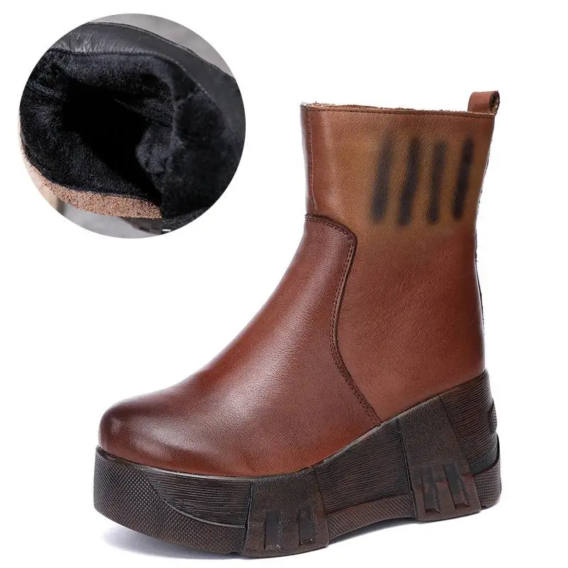 

YourSeason Winter Ladies Platform High Heels Boots Warm 2021 Round Toe Handmade Casual Plush Wedges Zip Shoes Genuine Leather