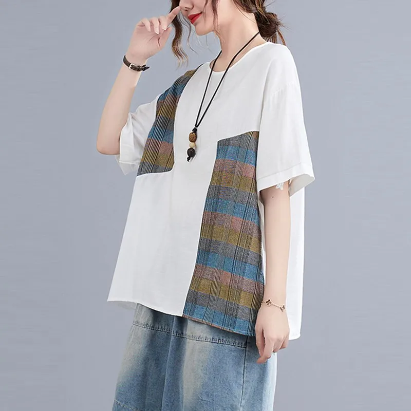 

Women Summer Cotton Linen Casual T-shirts New Arrival 2021 Simple Style O-neck Patchwork Print Loose Female Tops Tees B175