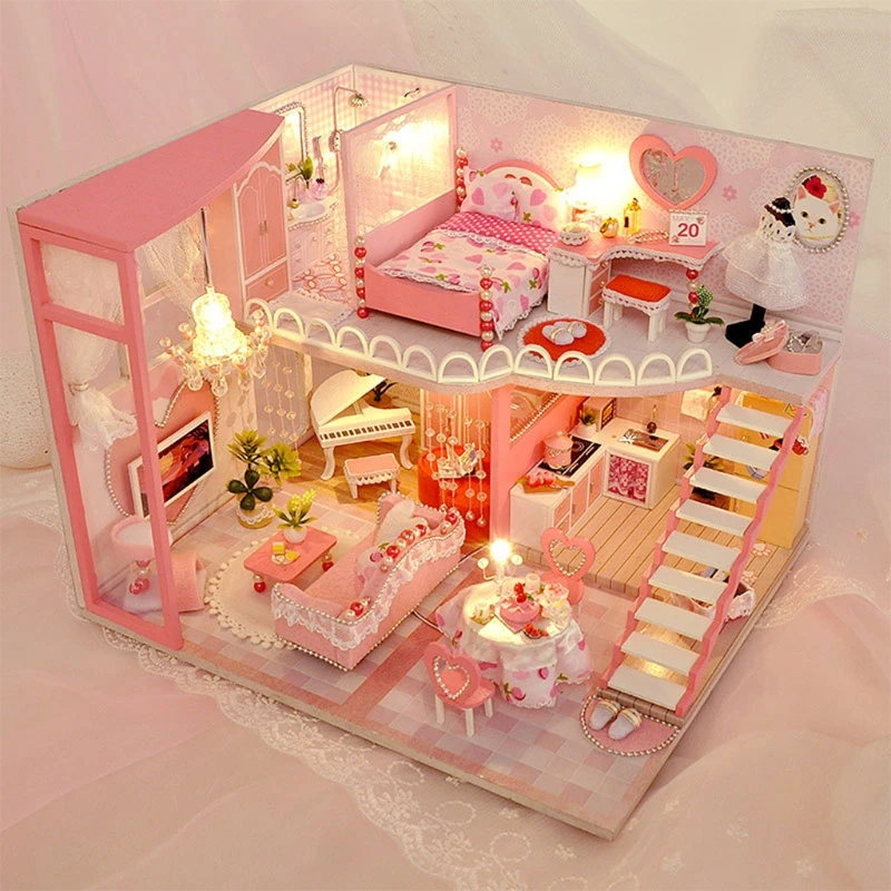 

Dollhouse Miniature with Furniture, DIY Wooden House Kit Plus Dust Proof , 1:24 Tiny House Building Kit(Sweet Dreams