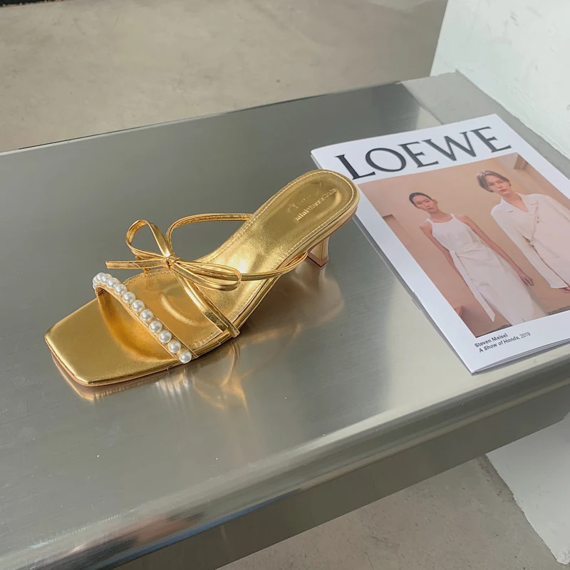 

Open Toe Women Sandals Slippers Pearl Chain Thin High Heels Bow Design Shallow Slip On Mules Shoes Summer Casual Slides Slippers