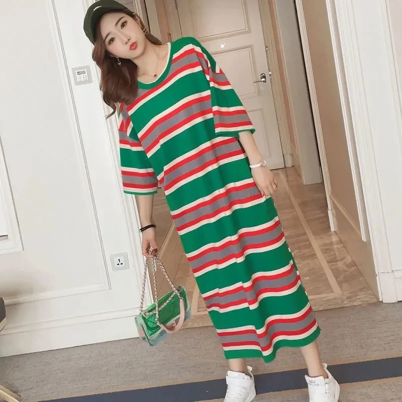 

Платье женское длинное в полоску, с коротким рукавом, выше колена