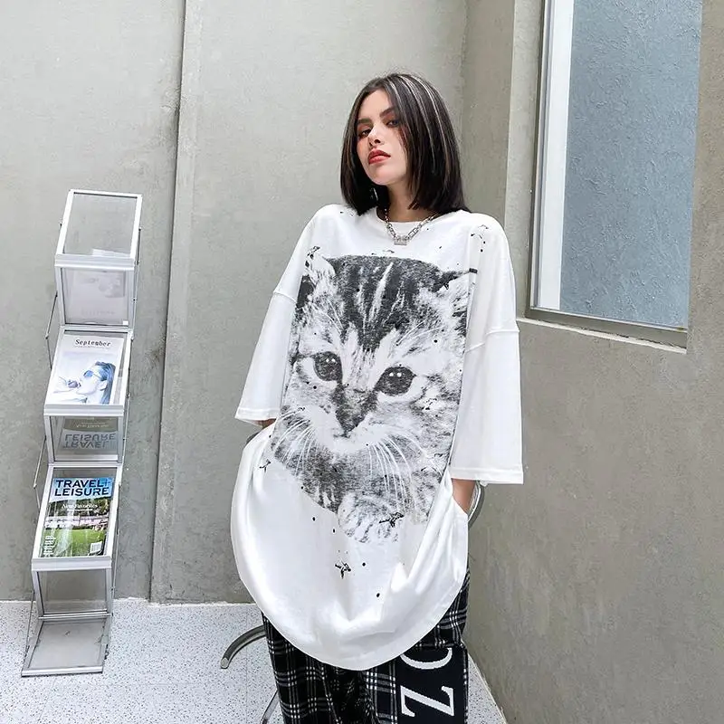 

Short-Sleeved T-Shirt Women'S Hong Kong Style Loose Large Size Mid-Length European And American Print Top