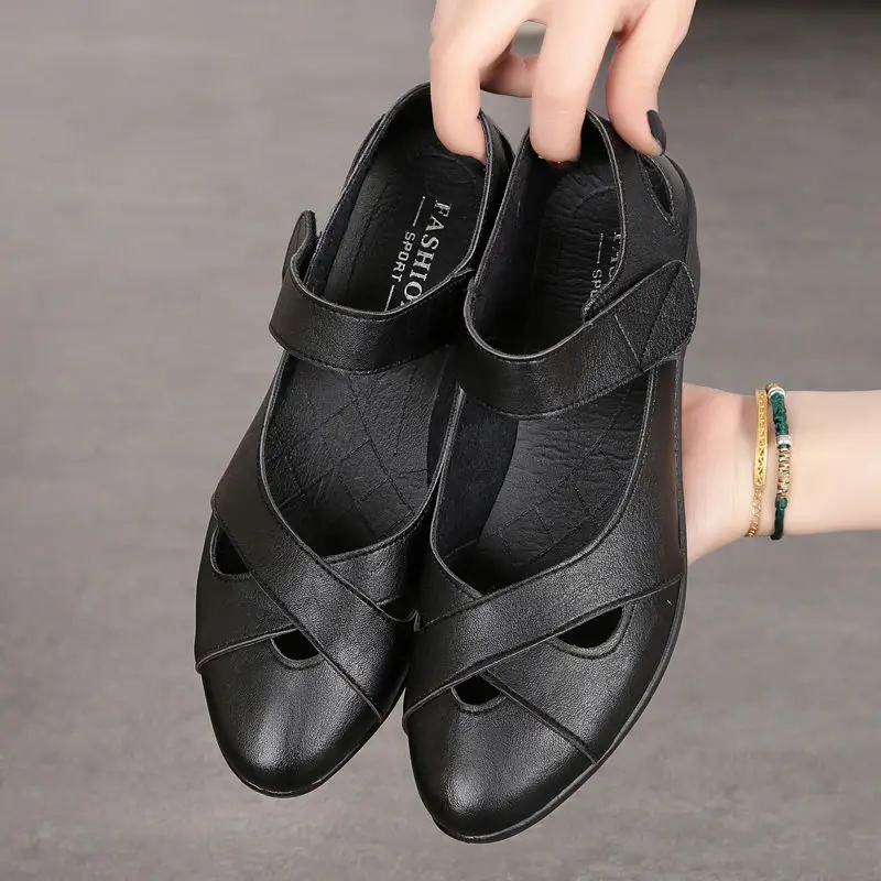 

2021 New Summer Breathable Loafers Black Soft Women's Ballet Flats Woman Crossed Leather flat Moccasins Pointed Toe Cheap Shoes