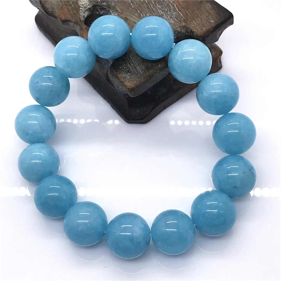 

14mm Natural Ocean Blue Aquamarine Bracelet Jewelry For Women Men Healing Love Gift Crystal Stone Round Beads Strands AAAAA