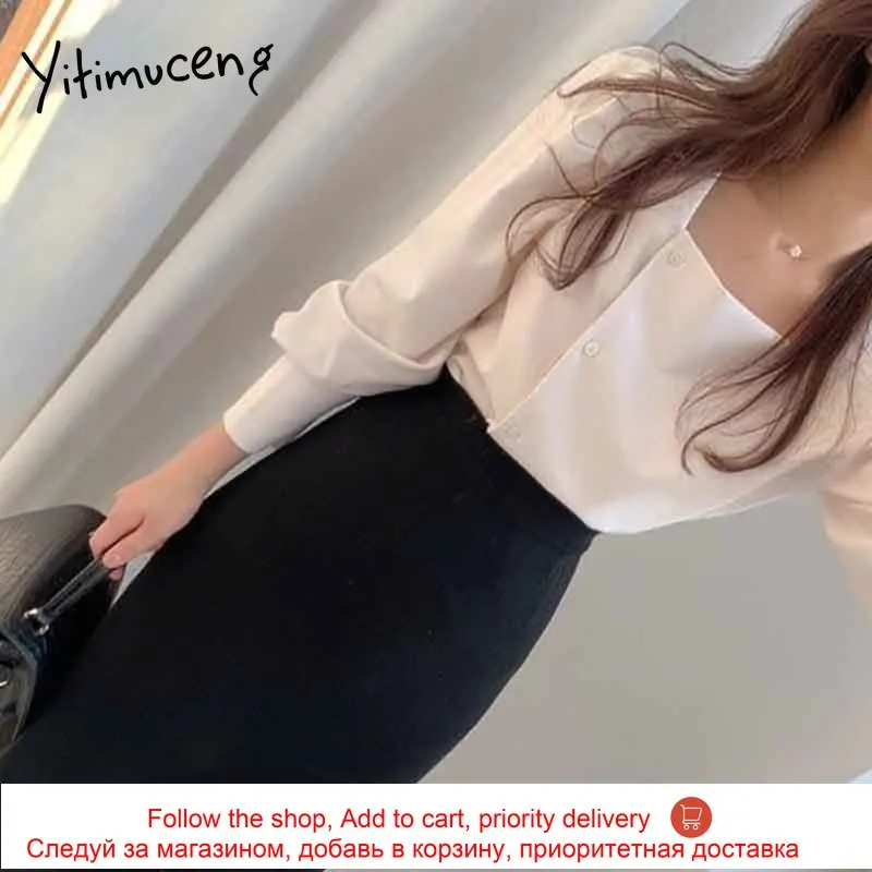 

Yitimuceng Blouse Women Button Up Shirts Office Lady lantern Sleeve Square Collar Unicolor 2021 Spring Korean Fashion New Tops