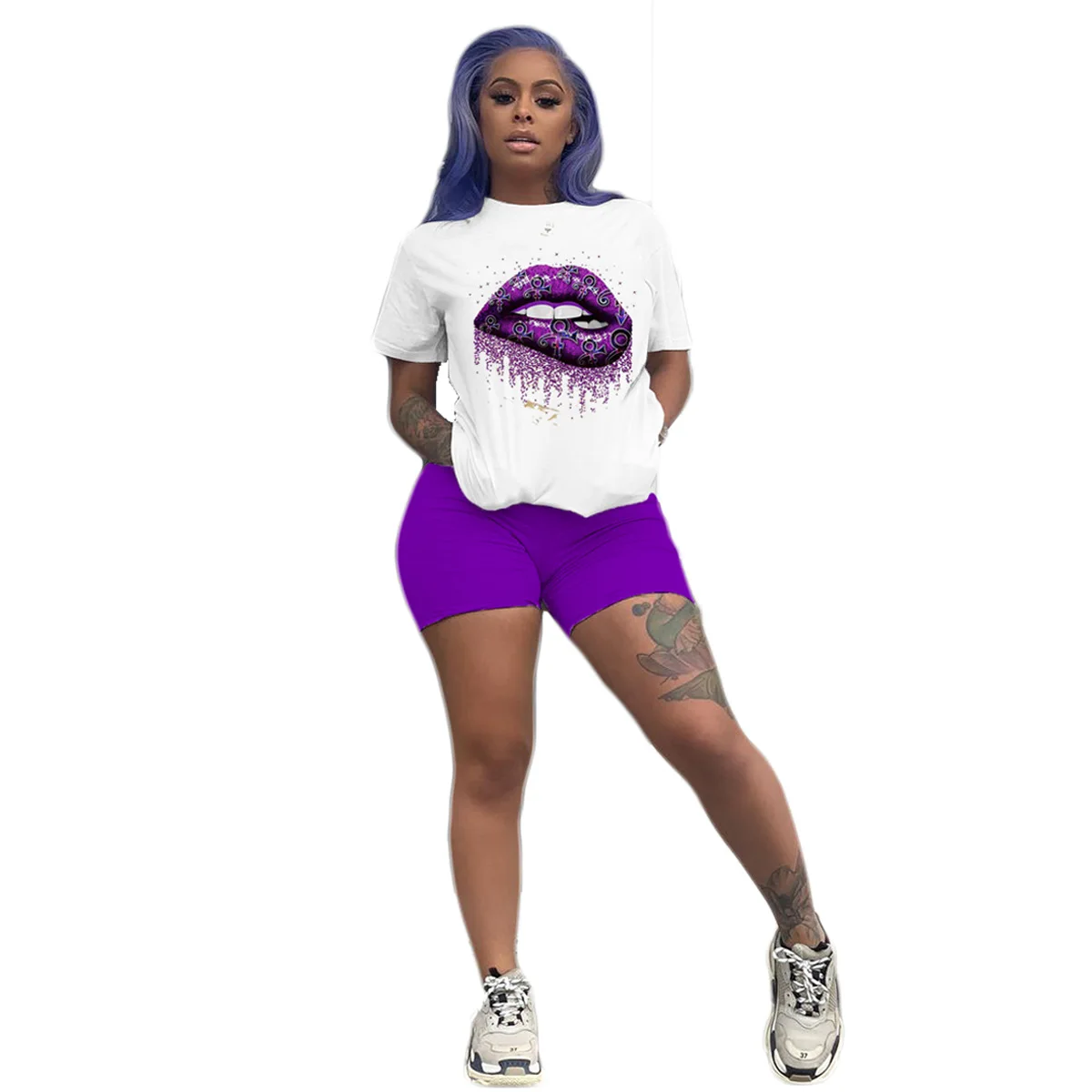 

Cartoon Lip Printings T-Shirt & Shorts Summer New European and American Women Suit Casual Two Piece Set S-4XL
