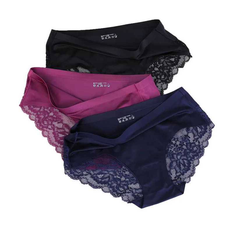 

Anewmorn Ice Silk Panties Women's Invisible Underwear One Piece Sexy Lace Black Floral Panties Seamless Panty Breathable M-XXL