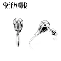 reamor punk bird head skeleton stud earrings for women men rock stainless steel animal metal earring party jewelry 1 pair