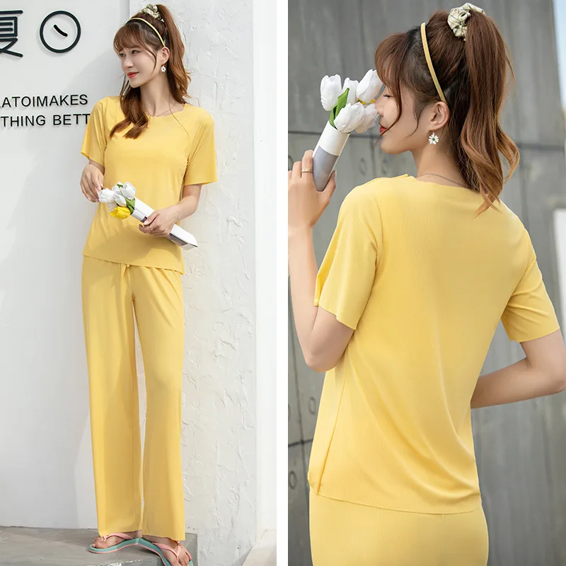 Short Sleeve Trousers Pajamas Women's Solid Color Suit Loose Ice Silk Home Clothes Lady Nightgown Female Sleepwear Sleeping Wear