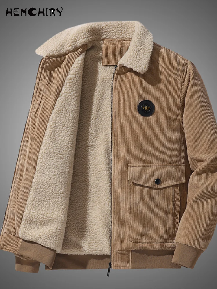 

HENCHIRY Вельветовая куртка мужская Корейская Повседневная кашемировая мужская куртка с отложным воротником модная трендовая теплая куртка м...