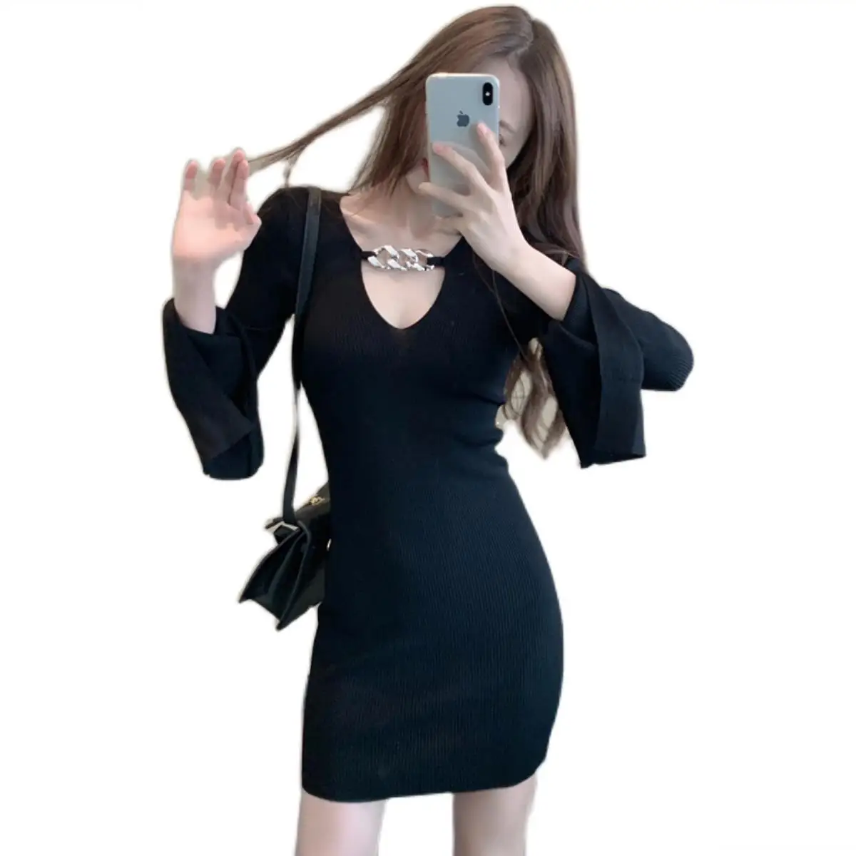 

Autumn chic fashion temperament V-neck trumpet sleeve slim sexy knitted hip dress women's wear