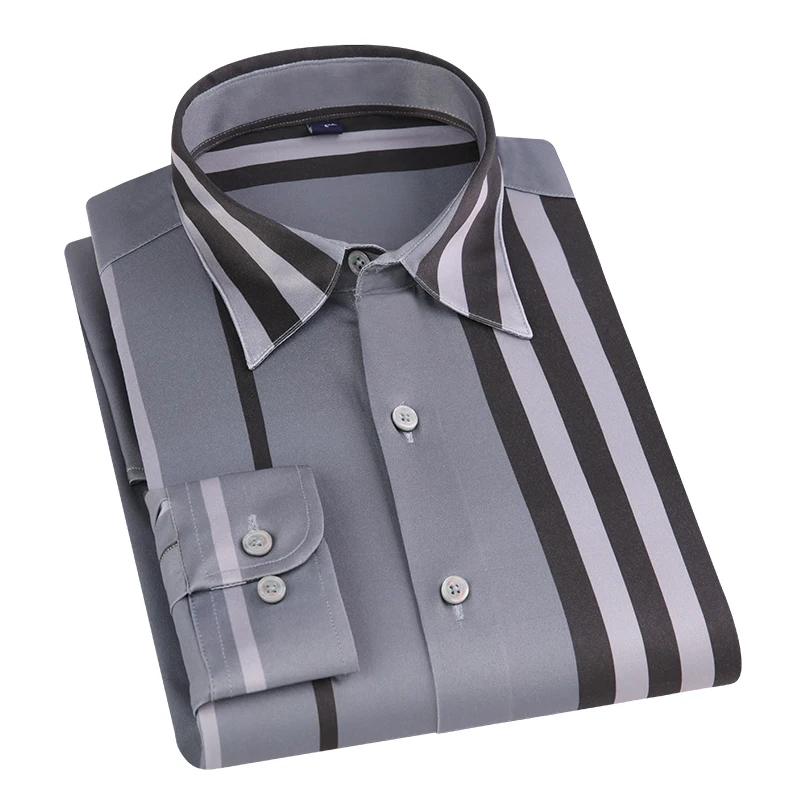 Summer Man Shirt Long Sleeve Striped No Ironing Werstern Fashion Slim Fit Button Up Casual Anti Wrinkle Blouse