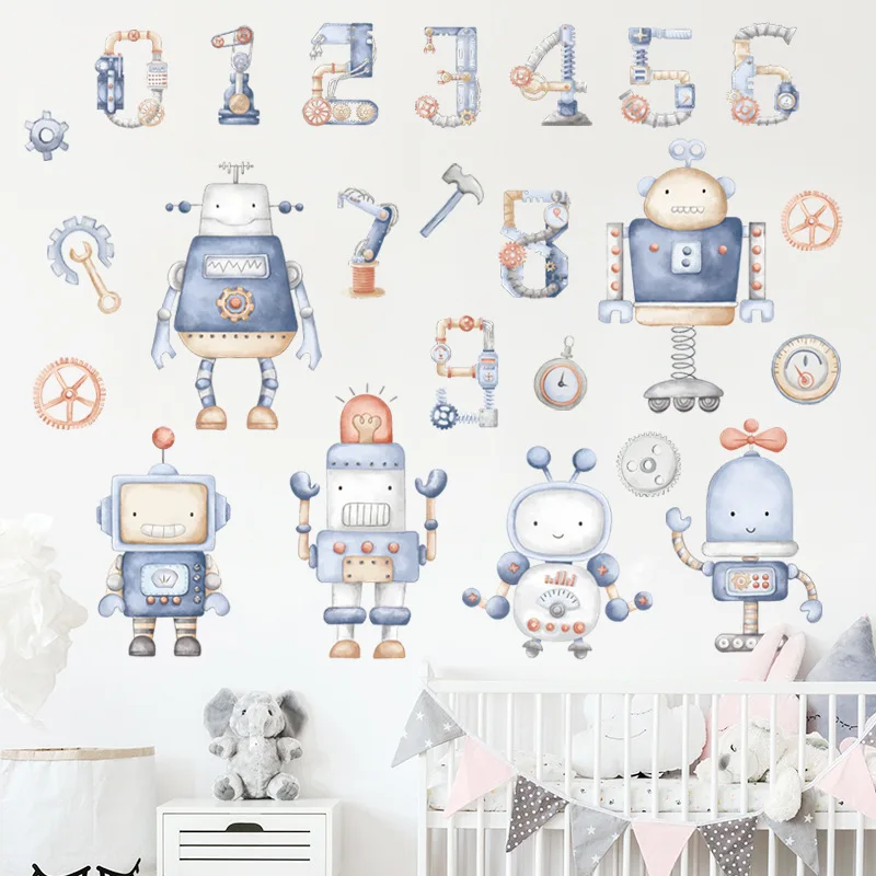 

Boy's Room Decorative Wall Stickers Robot Digital Puzzle Wallpaper Kindergarten Classroom Wall Decal For Kids Room Nursery Decor