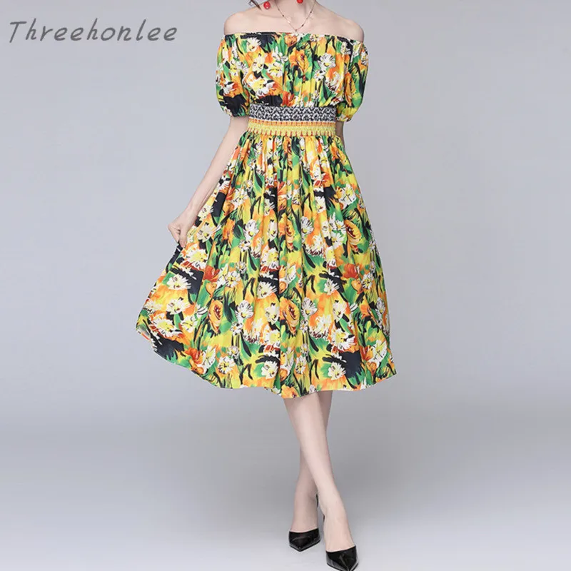 

Женские повседневные платья в стиле бохо, летние платья до колена с цветочным принтом, открытыми плечами, рукавами-фонариками и эластичной ...