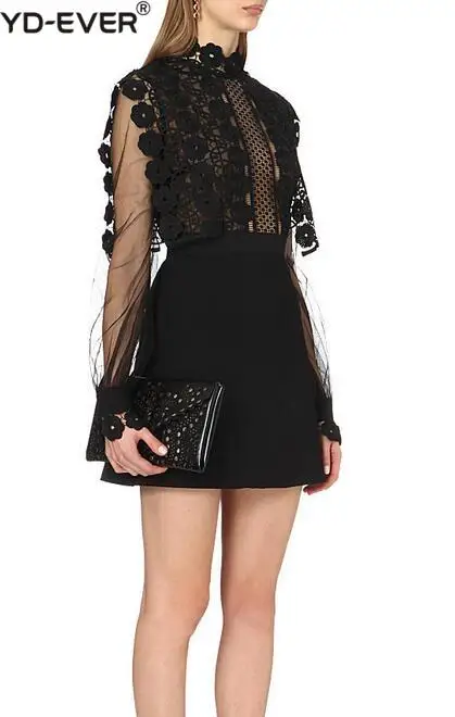 Self-Portrait Runway Patchwork Black Lace Dress 2020 Autumn Women's Long Sleeve Flower Embroidery Crochet Hollow Out Mini | Женская