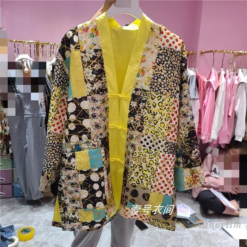 

Women's Coat 2021 Spring Chinese Style Color Contrast Patchwork Long Sleeve All-Match Retro Buckle Loose Plus Size Jacket