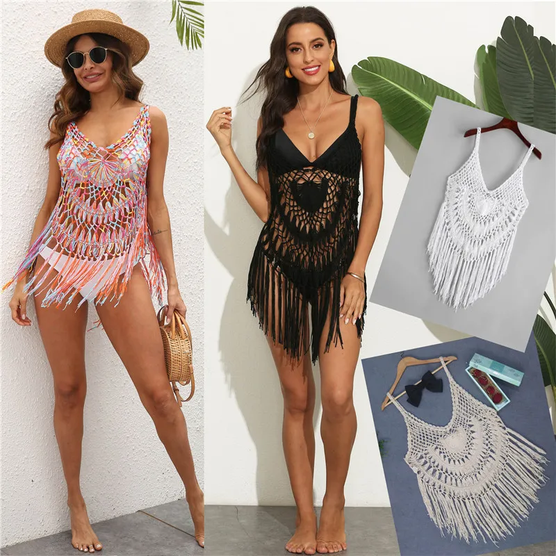 

Kimono Flecos Beach Dress Crochet Cover-ups Fringe Coverup White Woman Kimono Plage Vestidos Verano 2022 Knitted Swim Cover Up