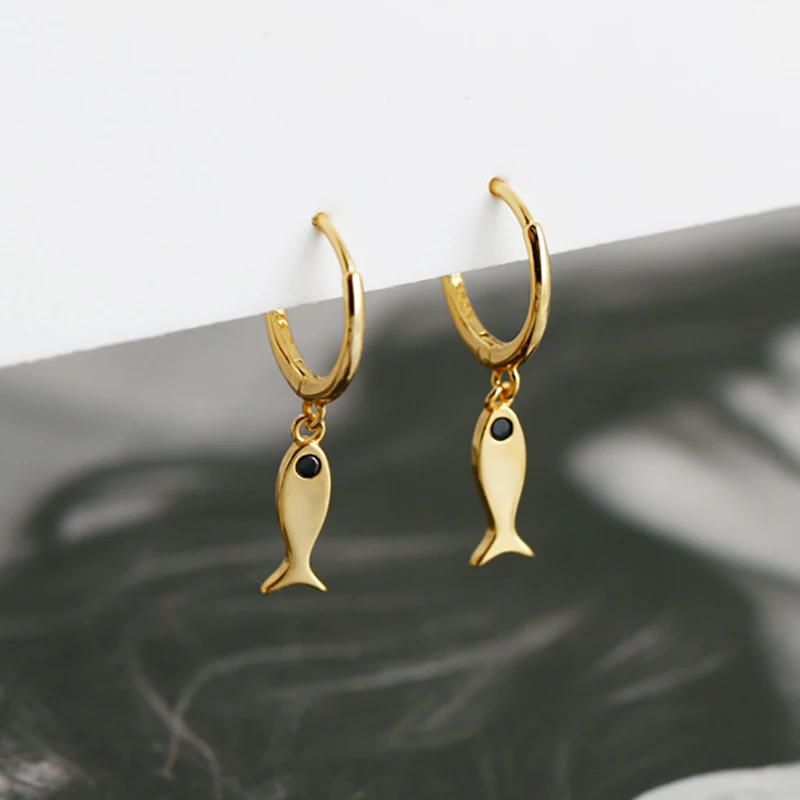 100% Стерлинговое Серебро 925 пробы золотой цвет морская рыба черные циркониевые