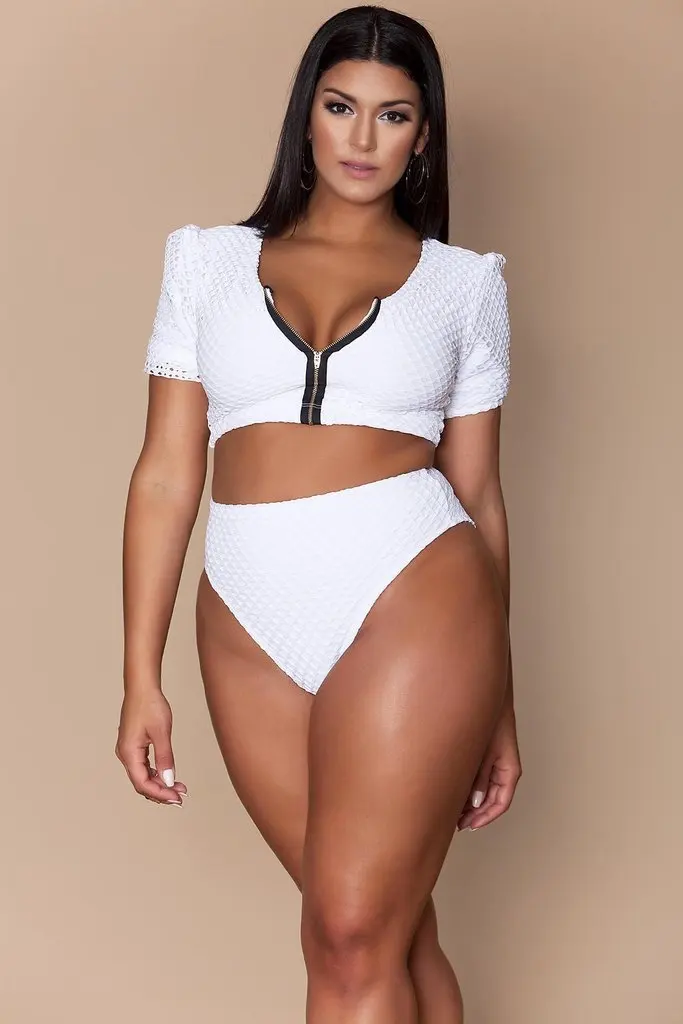 White XL-4XL размера плюс, комплект бикини, на молнии, спереди, купальник, большой купальник,, высокая талия, монокини, женский, короткий рукав, купальник - Цвет: White