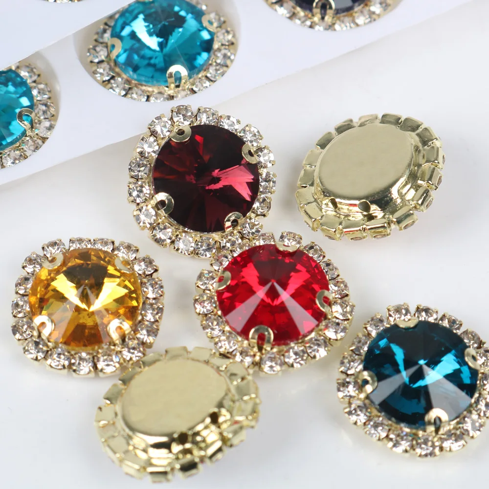 

10pcs Round Glass Sew on Rhinestones With Golden Diamond Brass Claw Sewing Crystal Flatback for Wedding Dress Clothing Beads