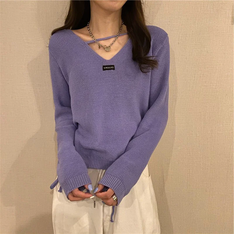 

Вязаный свитер с V-образным вырезом, мягкий дизайнерский милый тонкий галстук-воротник, ранний короткий топ с длинным рукавом и брюки с высо...