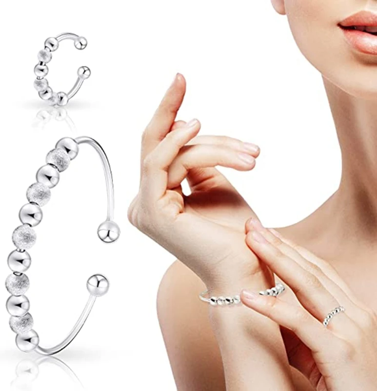 Серебряное кольцо регулируемое женское для тревожности с бусинами снятия