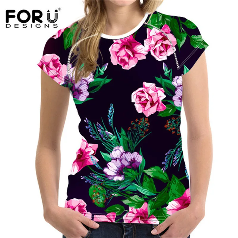 FORUDESIGNS/цветная футболка с 3D цветочным рисунком, женские эластичные облегающие Базовые Футболки с цветочным рисунком, топы для девочек, футболка для бодибилдинга, женская одежда, новинка