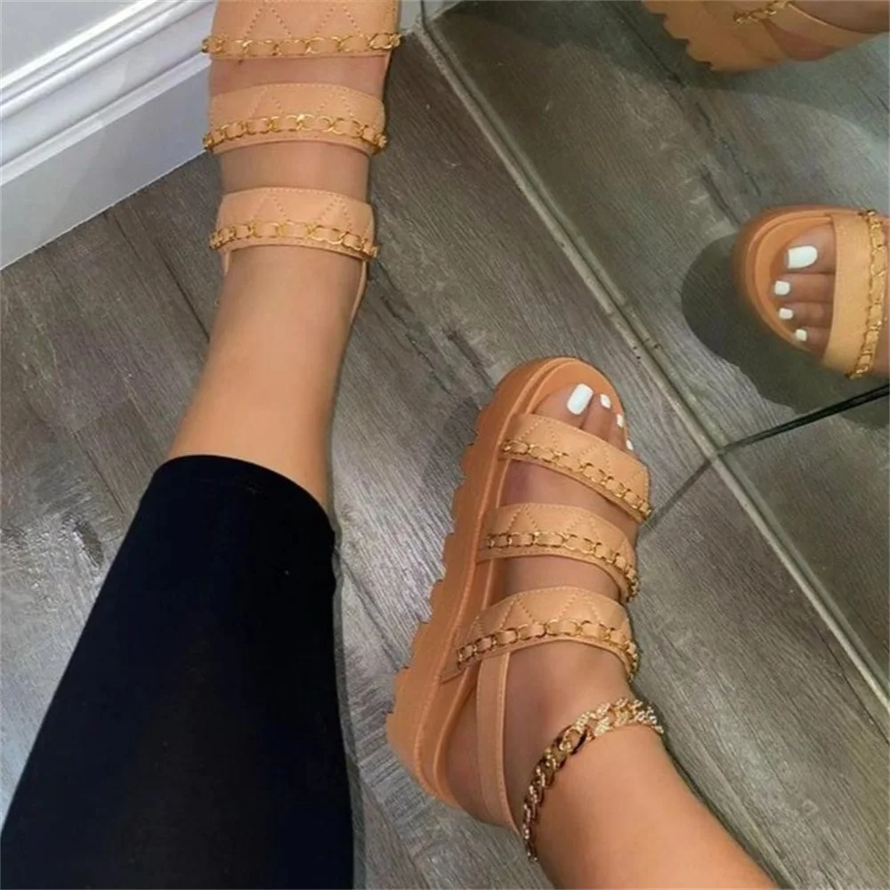 

Women Fashion Sandals 2021 Summer New Metal Chain Ladies Comfortable Platform Shoes 36-43 Large-Sized Female Beach Gladiator