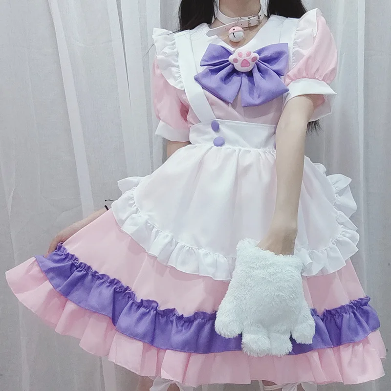 

Pink Maid Dress Short Sleeve Patchwork Lolita Sets Halloween Cospaly Costume