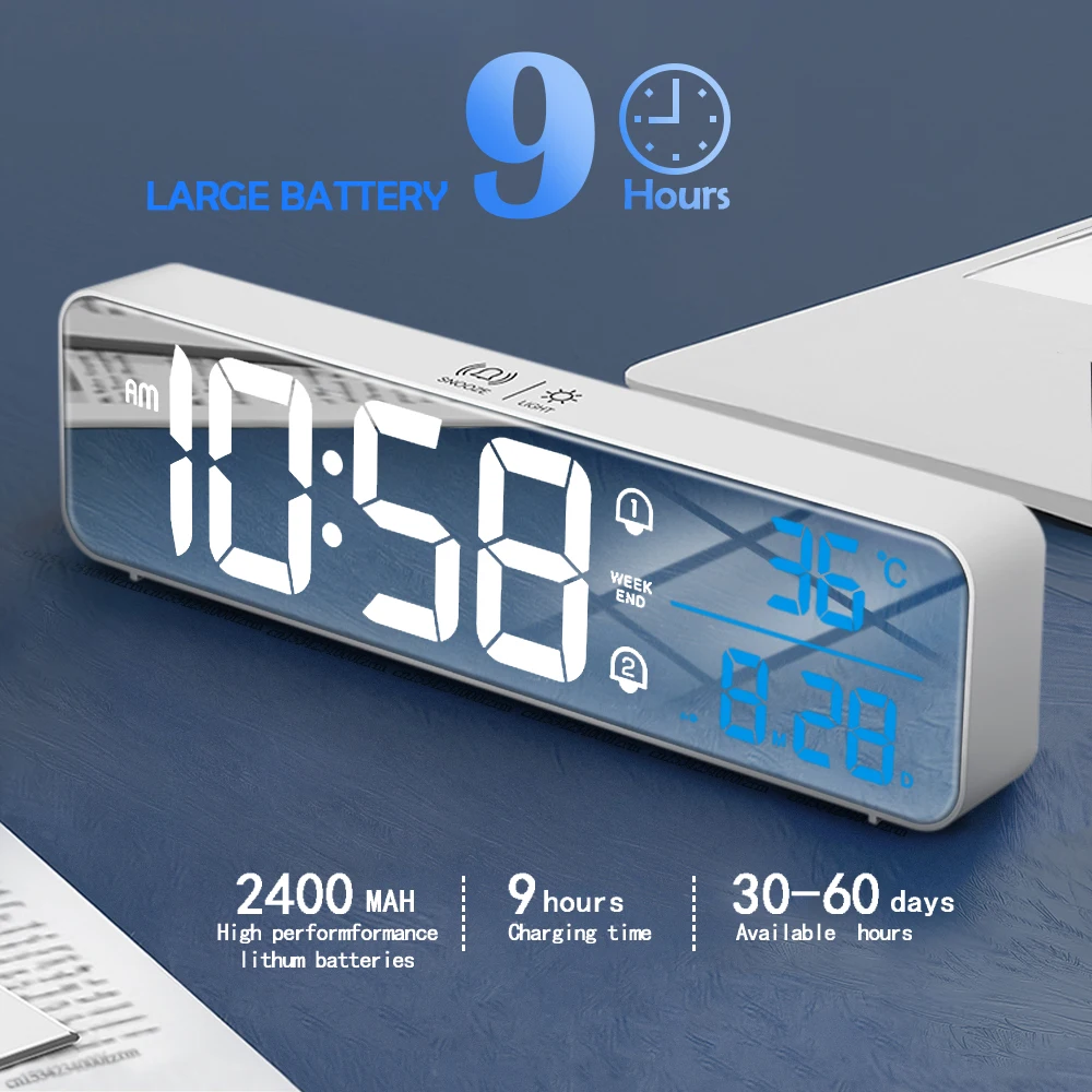 

Music LED Digital Alarm Clock Temperature Date Display Desktop Mirror Clocks Home Table Decoration Electronic Clock 2000 mAh