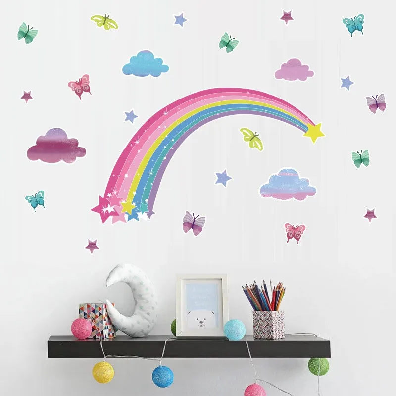 

Pretty Shining Stars On rainbow Cloud Butterflies wall stickers Room Decoration Art Decals for Nursery Kids Removable Home Mural