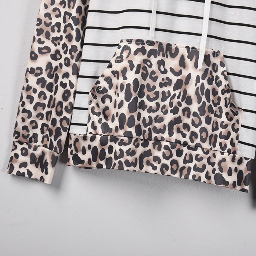 Женская толстовка в полоску с длинным рукавом леопардовая завязками карманами