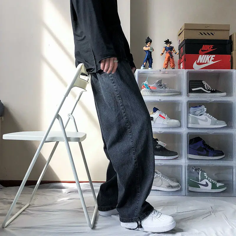 

2021 New Men's Spring and Summer Loose Black Blue Straight Trousers Solid Color Casual Jeans Loose Ruffled Denim Trousers